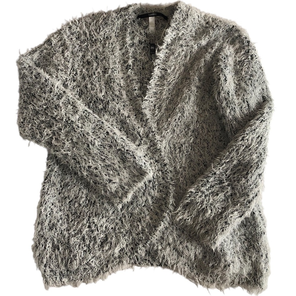 𝅺Kensie Sweater Cardigan Comfy Cozy Soft Furry Fuzzy Shaggy Top Med Ivory Black